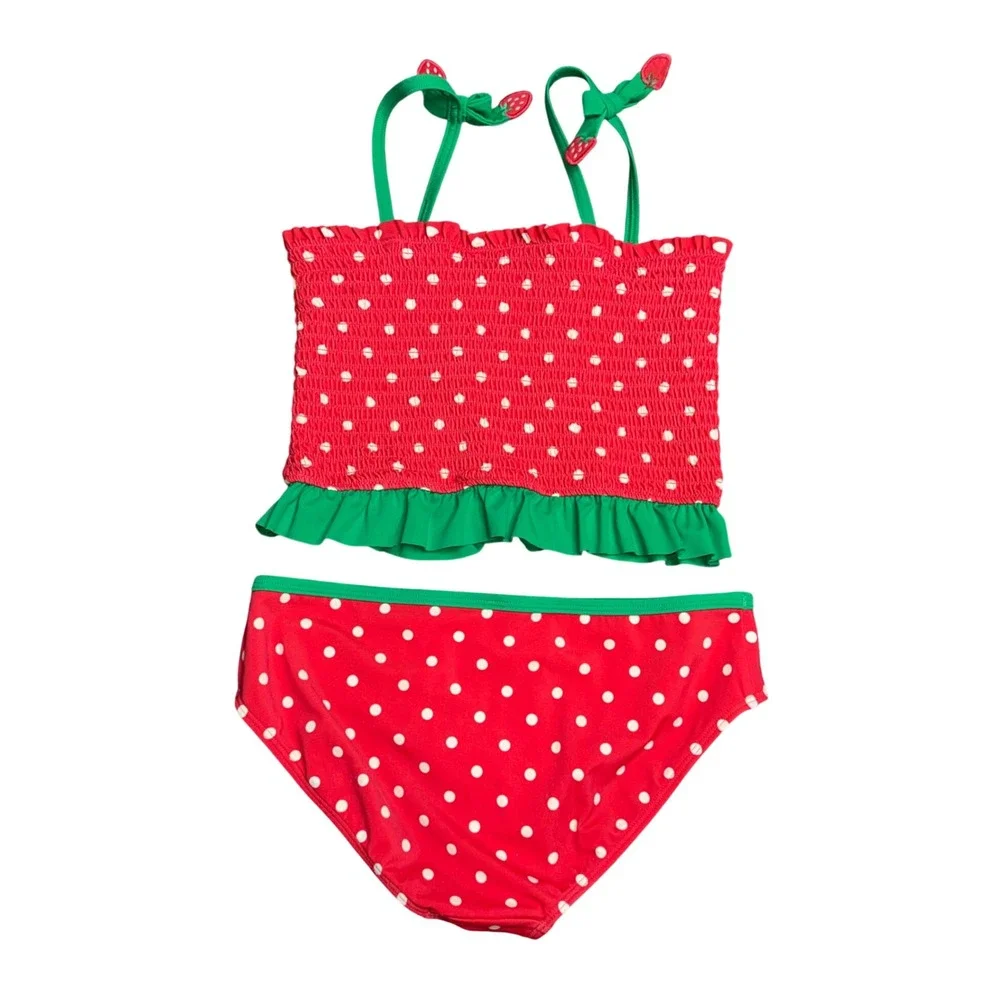 Mini Boden Strawberry Tankini Girls 11-12Y Red Polka Dot Good Smocked Ruffle